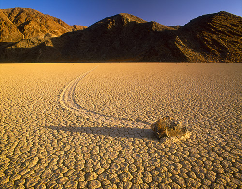 USA, California, Death Valley NP, Incredible windblown boulders at the "Racetrack" at sunset